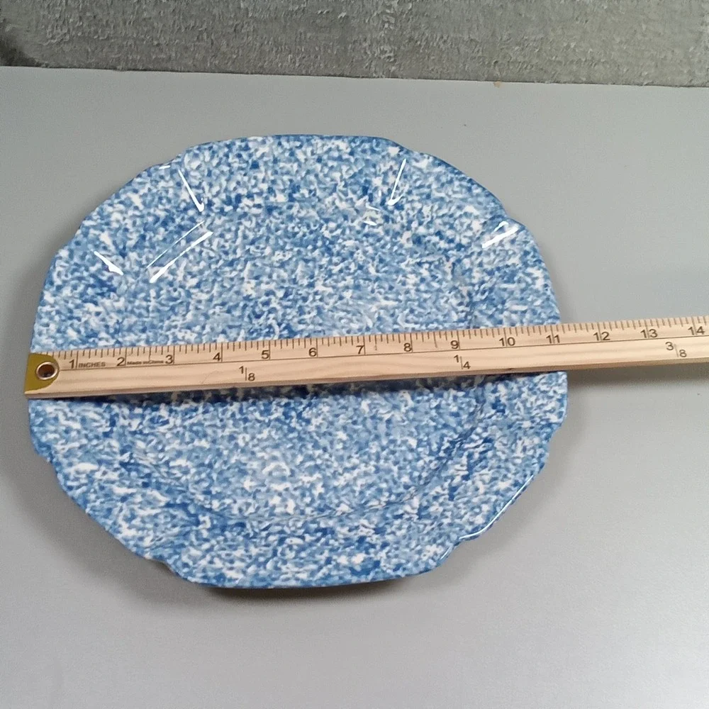 Blue White Spongeware Scalloped Edge Ceramic Dinner Plate 10.5 Inch‎ Farmhouse